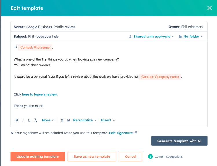 HubSpot template asking for google review