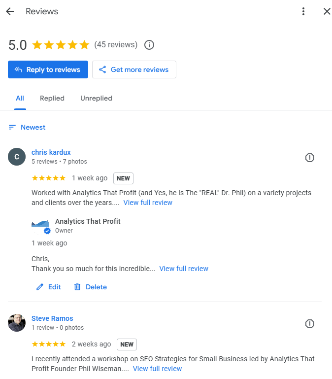 Google Reviews- respond to positive and negative-phil wiseman-analytics that profit