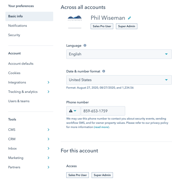 settings screen in hubspot_analytics that profit